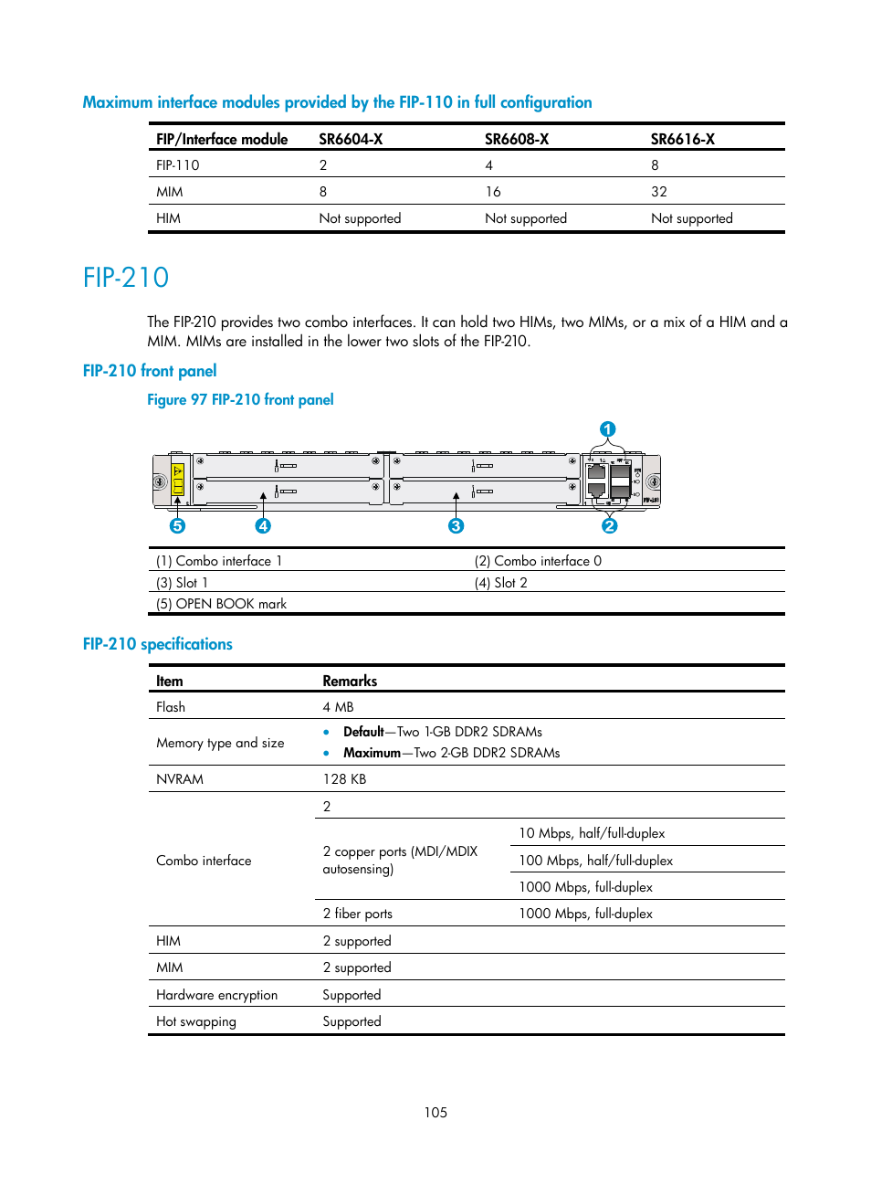 Fip-210, Fip-210 front panel, Fip-210 specifications | H3C Technologies H3C SR6600-X User Manual | Page 115 / 150