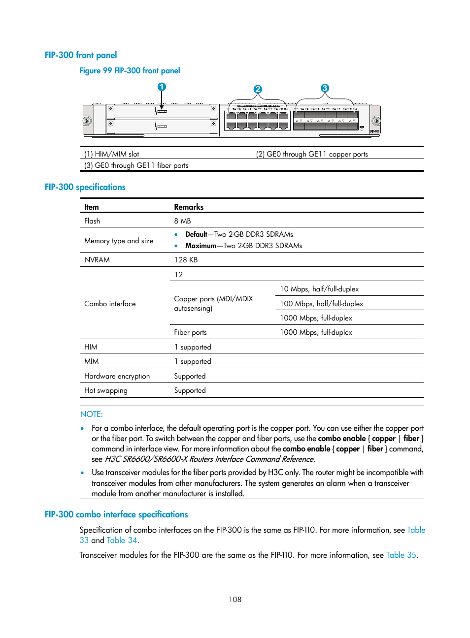 Fip-300 front panel, Fip-300 specifications, Fip-300 combo interface specifications | H3C Technologies H3C SR6600-X User Manual | Page 118 / 150