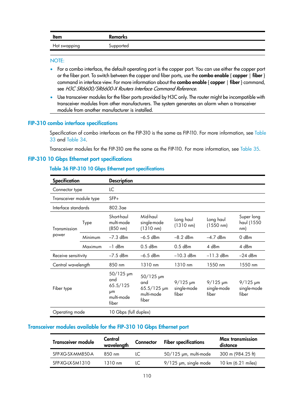 Fip-310 combo interface specifications, Fip-310 10 gbps ethernet port specifications | H3C Technologies H3C SR6600-X User Manual | Page 120 / 150