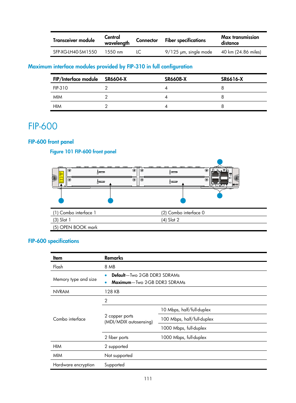 Fip-600, Fip-600 front panel, Fip-600 specifications | H3C Technologies H3C SR6600-X User Manual | Page 121 / 150