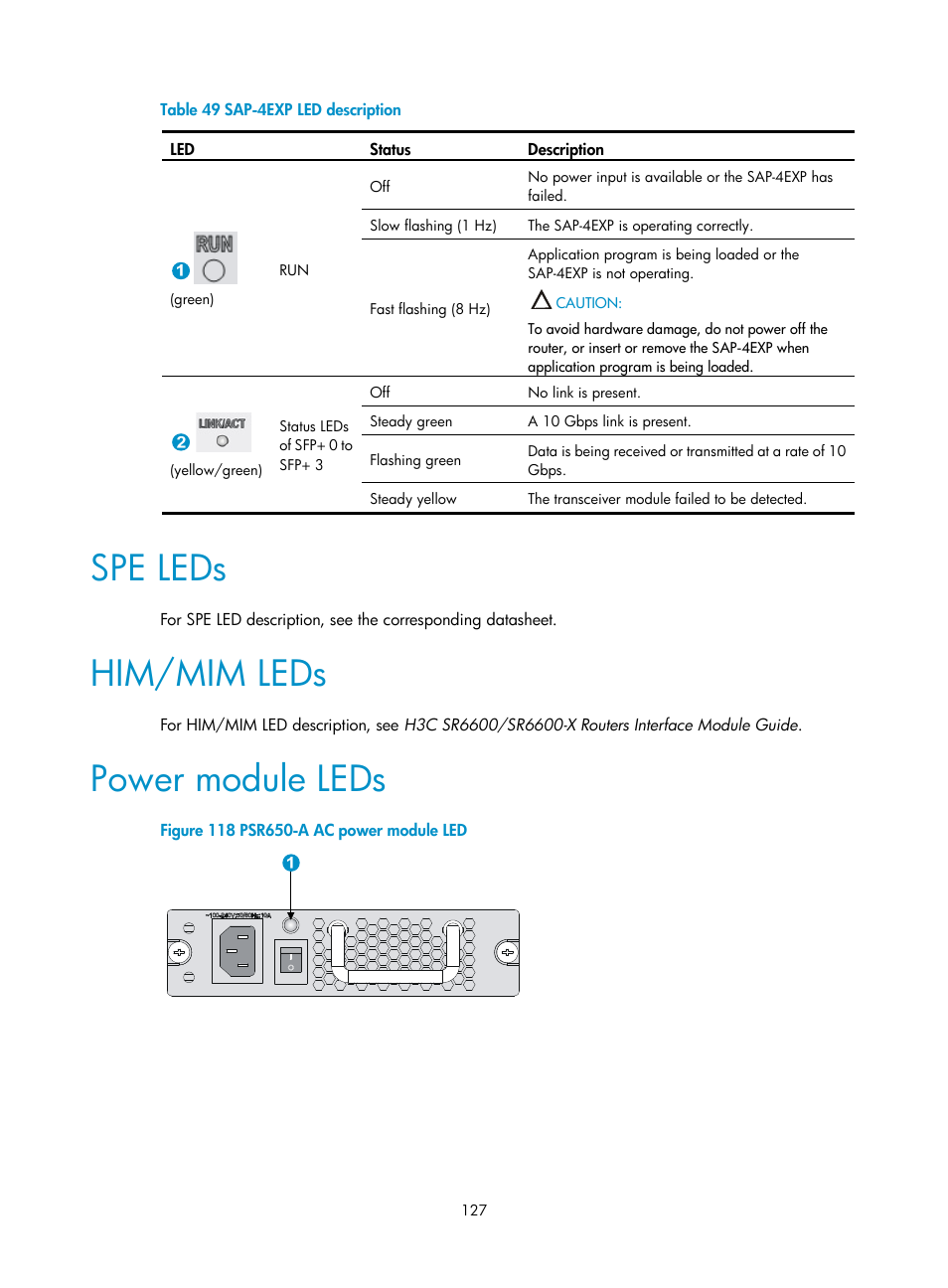 Spe leds, Him/mim leds, Power module leds | H3C Technologies H3C SR6600-X User Manual | Page 137 / 150