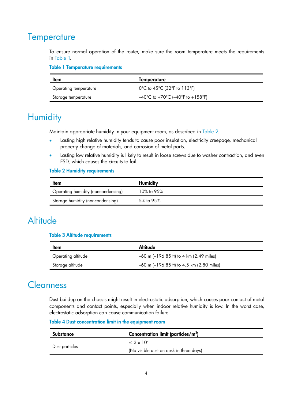 Temperature, Humidity, Altitude | Cleanness | H3C Technologies H3C SR6600-X User Manual | Page 14 / 150