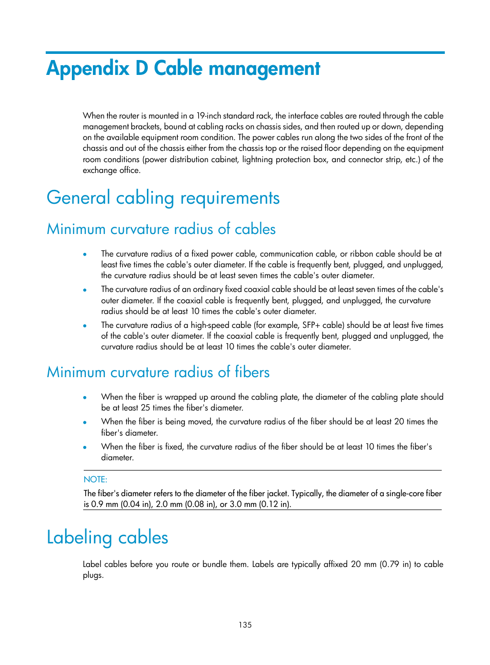 Appendix d cable management, General cabling requirements, Minimum curvature radius of cables | Minimum curvature radius of fibers, Labeling cables | H3C Technologies H3C SR6600-X User Manual | Page 145 / 150