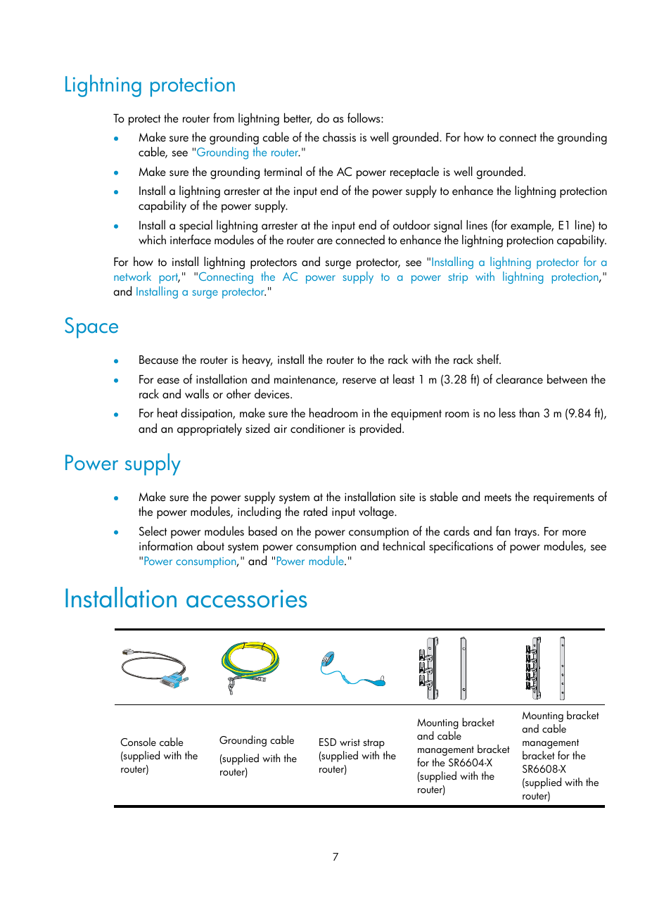 Lightning protection, Space, Power supply | Installation accessories | H3C Technologies H3C SR6600-X User Manual | Page 17 / 150