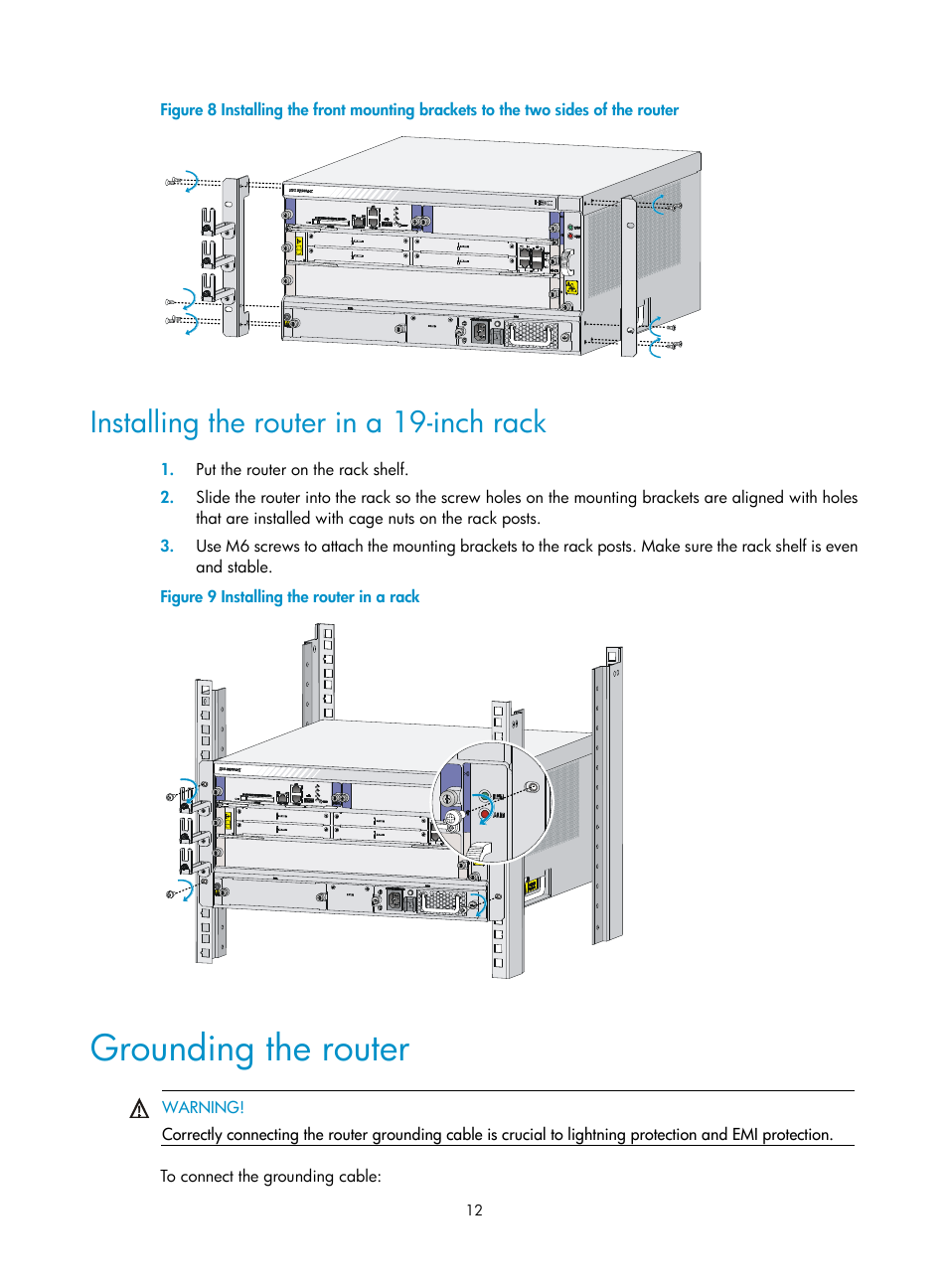 Installing the router in a 19-inch rack, Grounding the router | H3C Technologies H3C SR6600-X User Manual | Page 22 / 150