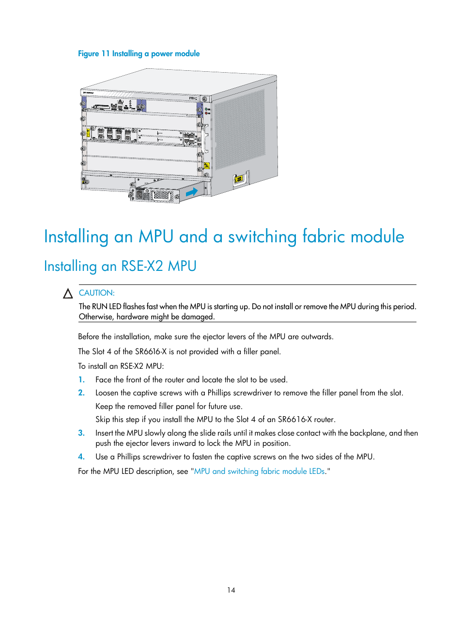 Installing an mpu and a switching fabric module, Installing an rse-x2 mpu | H3C Technologies H3C SR6600-X User Manual | Page 24 / 150