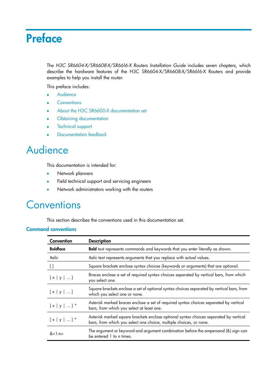 Preface, Audience, Conventions | Command conventions | H3C Technologies H3C SR6600-X User Manual | Page 3 / 150