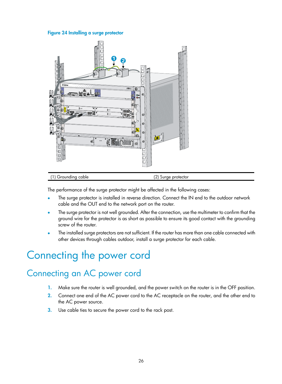 Connecting the power cord, Connecting an ac power cord | H3C Technologies H3C SR6600-X User Manual | Page 36 / 150