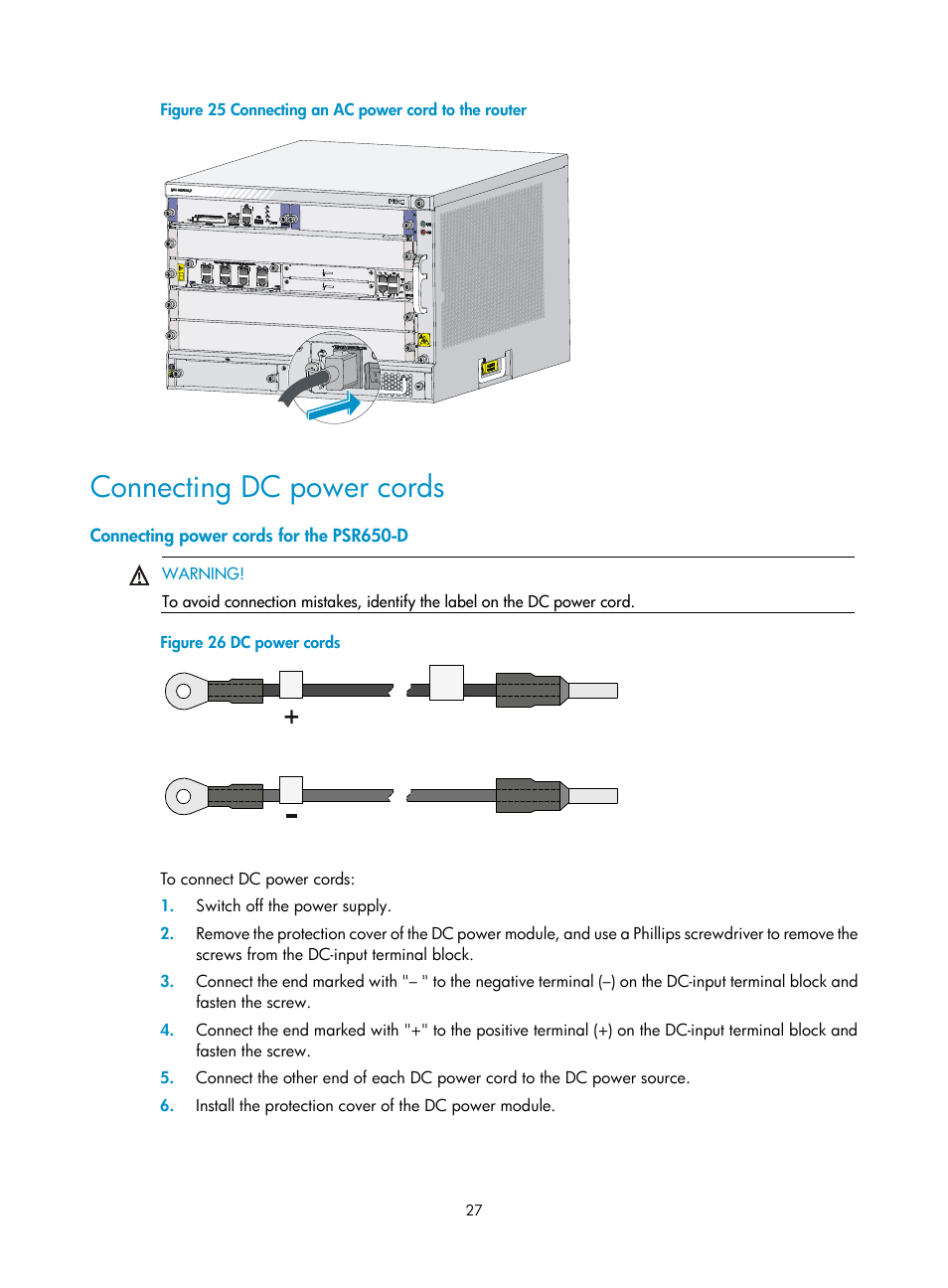 Connecting dc power cords, Connecting power cords for the psr650-d | H3C Technologies H3C SR6600-X User Manual | Page 37 / 150