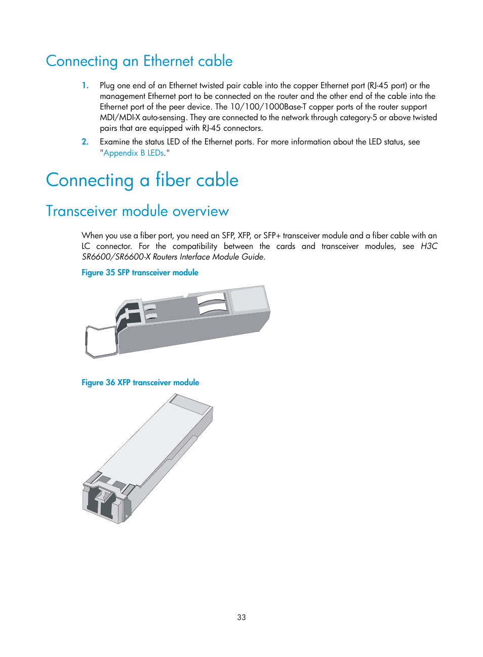 Connecting an ethernet cable, Connecting a fiber cable, Transceiver module overview | H3C Technologies H3C SR6600-X User Manual | Page 43 / 150