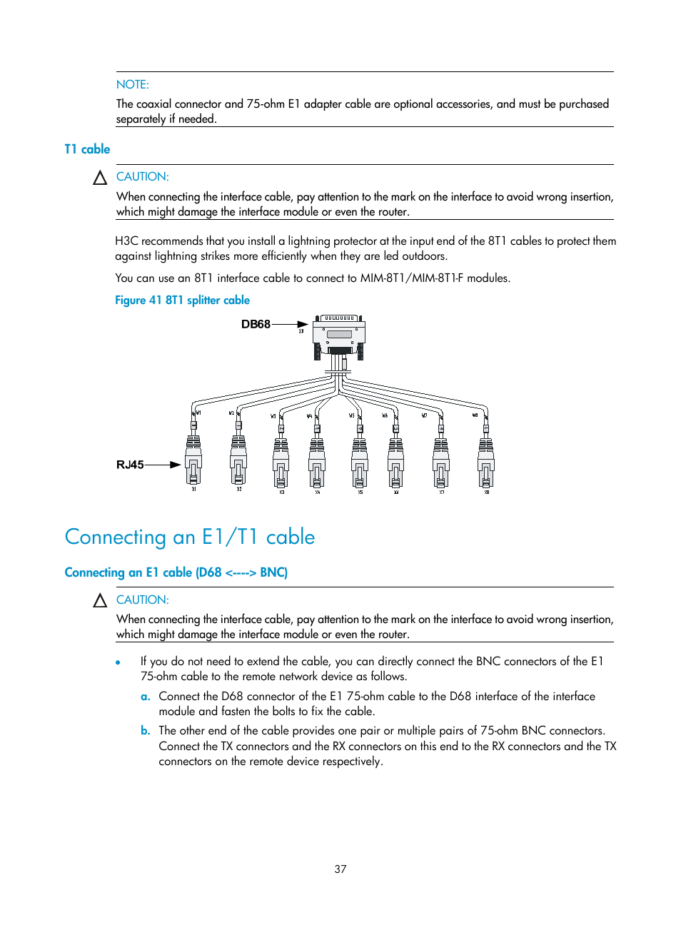 T1 cable, Connecting an e1/t1 cable, Connecting an e1 cable (d68 <----> bnc) | H3C Technologies H3C SR6600-X User Manual | Page 47 / 150