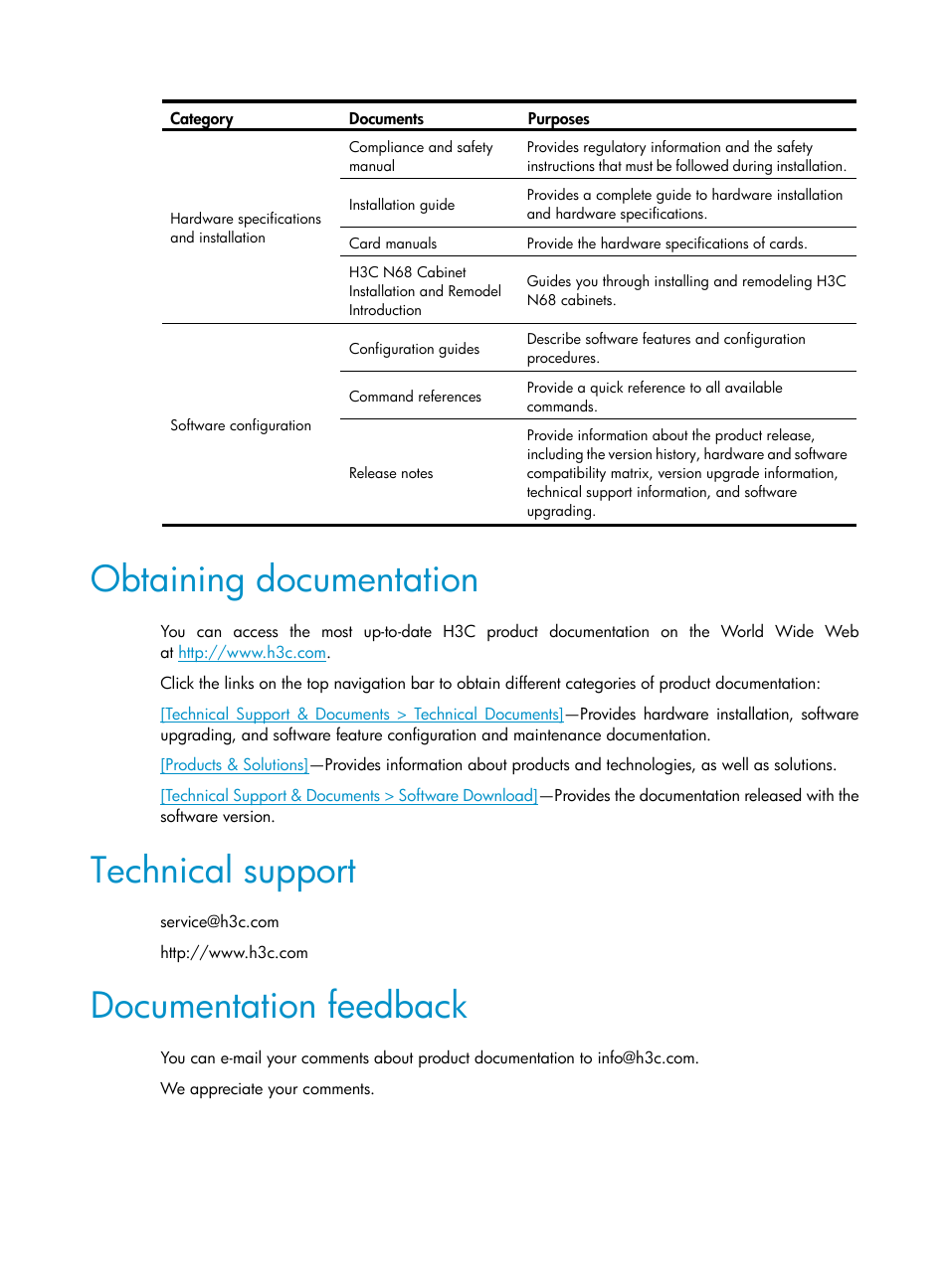 Obtaining documentation, Technical support, Documentation feedback | H3C Technologies H3C SR6600-X User Manual | Page 5 / 150