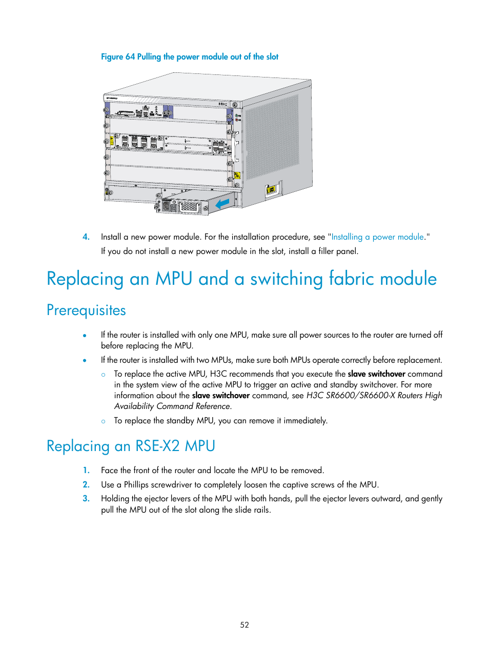 Replacing an mpu and a switching fabric module, Prerequisites, Replacing an rse-x2 mpu | H3C Technologies H3C SR6600-X User Manual | Page 62 / 150
