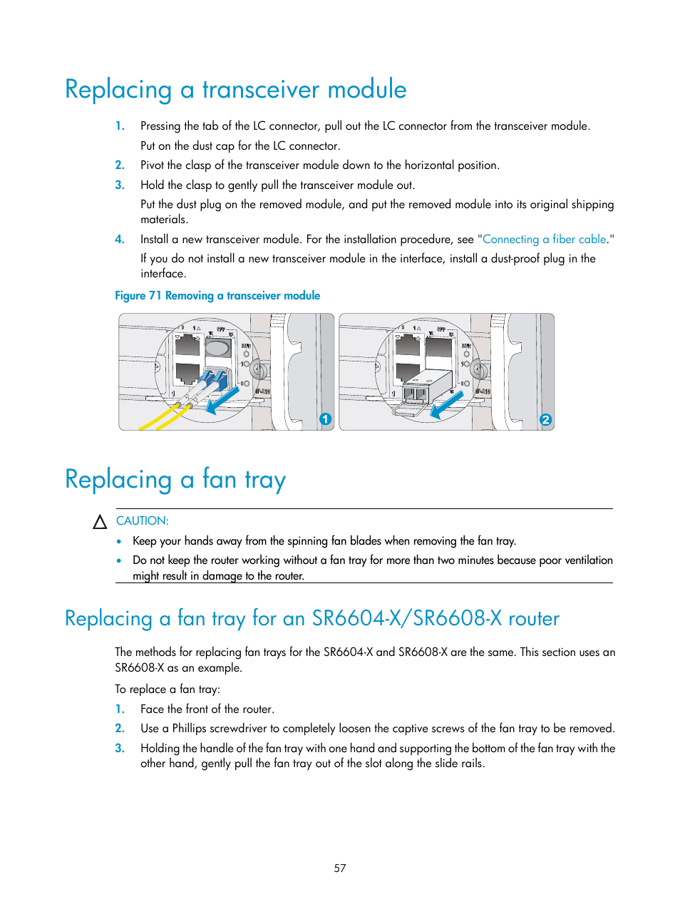 Replacing a transceiver module, Replacing a fan tray | H3C Technologies H3C SR6600-X User Manual | Page 67 / 150