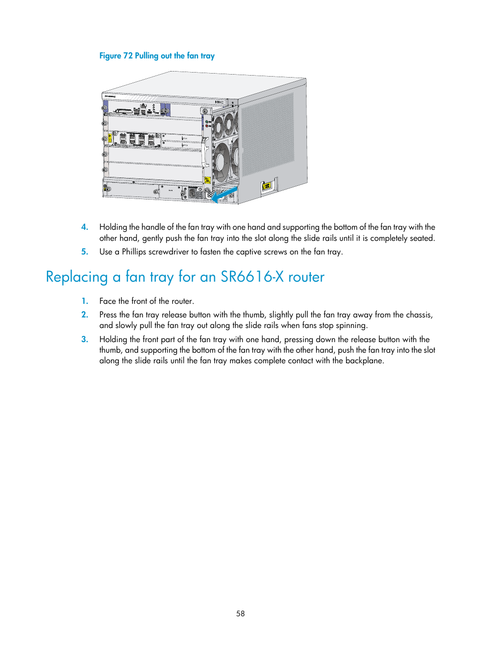 Replacing a fan tray for an sr6616-x router | H3C Technologies H3C SR6600-X User Manual | Page 68 / 150