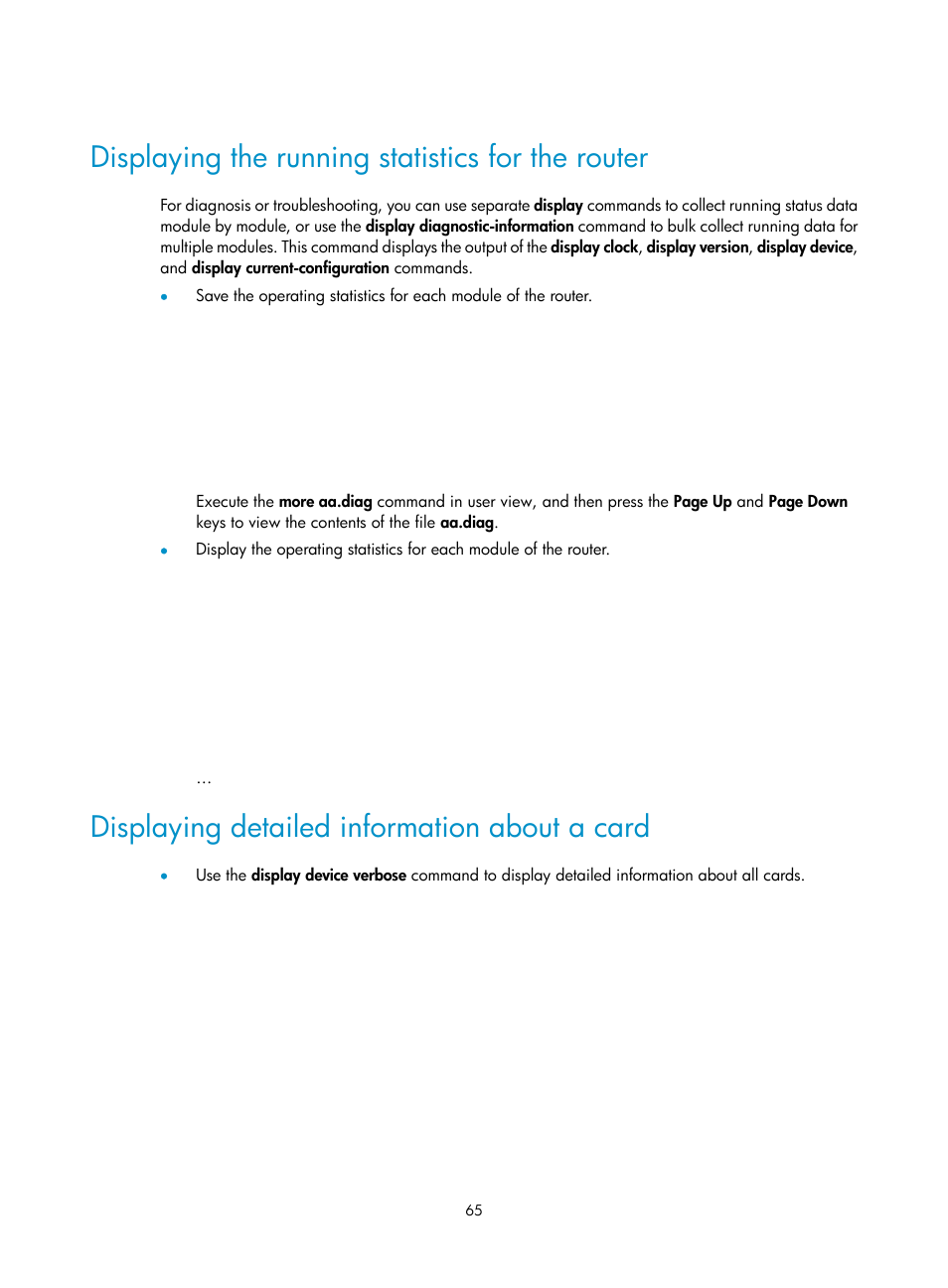 Displaying the running statistics for the router, Displaying detailed information about a card | H3C Technologies H3C SR6600-X User Manual | Page 75 / 150