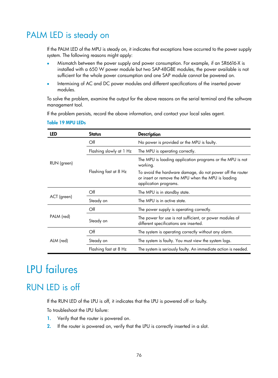 Palm led is steady on, Lpu failures, Run led is off | H3C Technologies H3C SR6600-X User Manual | Page 86 / 150