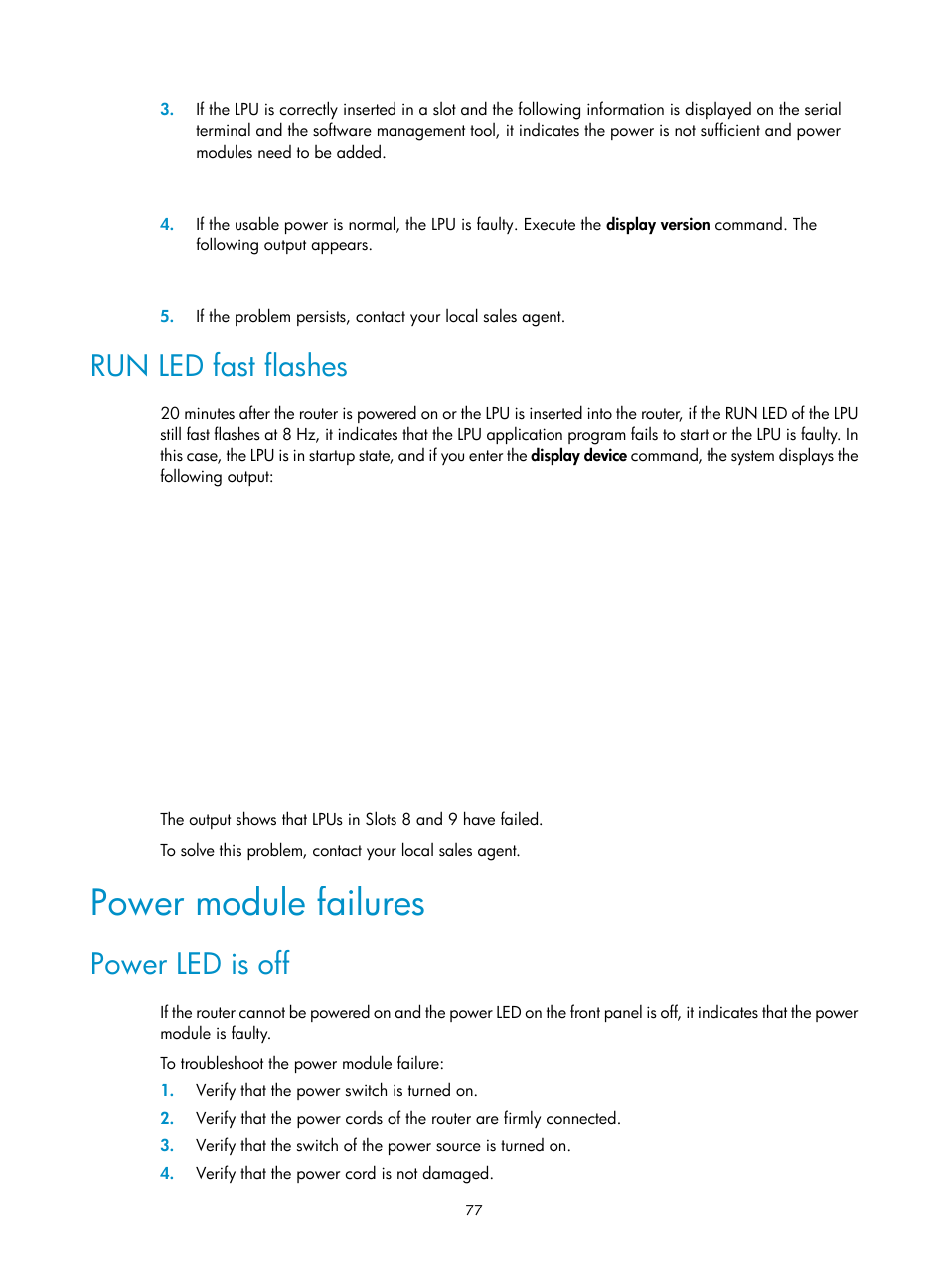 Run led fast flashes, Power module failures, Power led is off | H3C Technologies H3C SR6600-X User Manual | Page 87 / 150