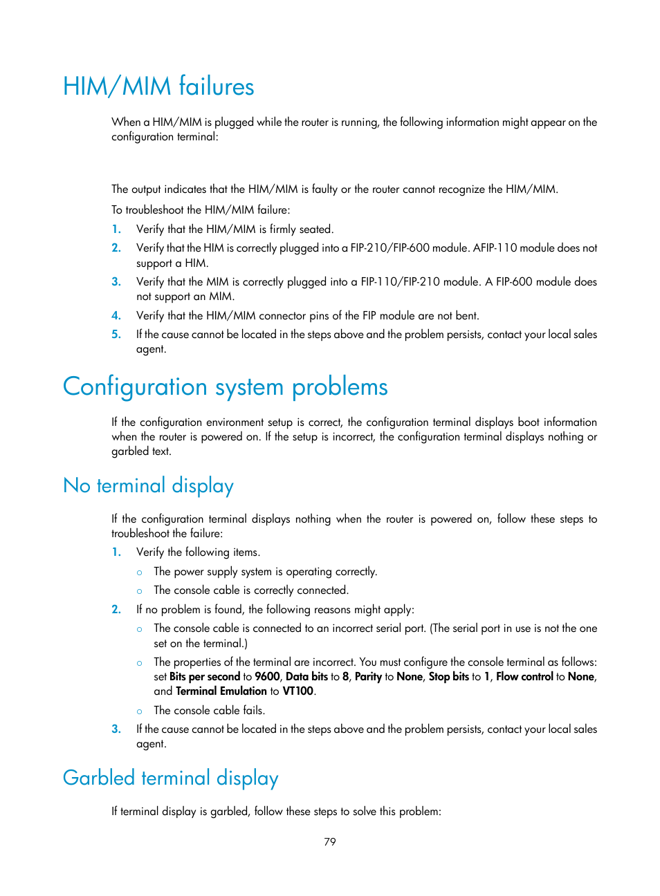 Him/mim failures, Configuration system problems, No terminal display | Garbled terminal display | H3C Technologies H3C SR6600-X User Manual | Page 89 / 150