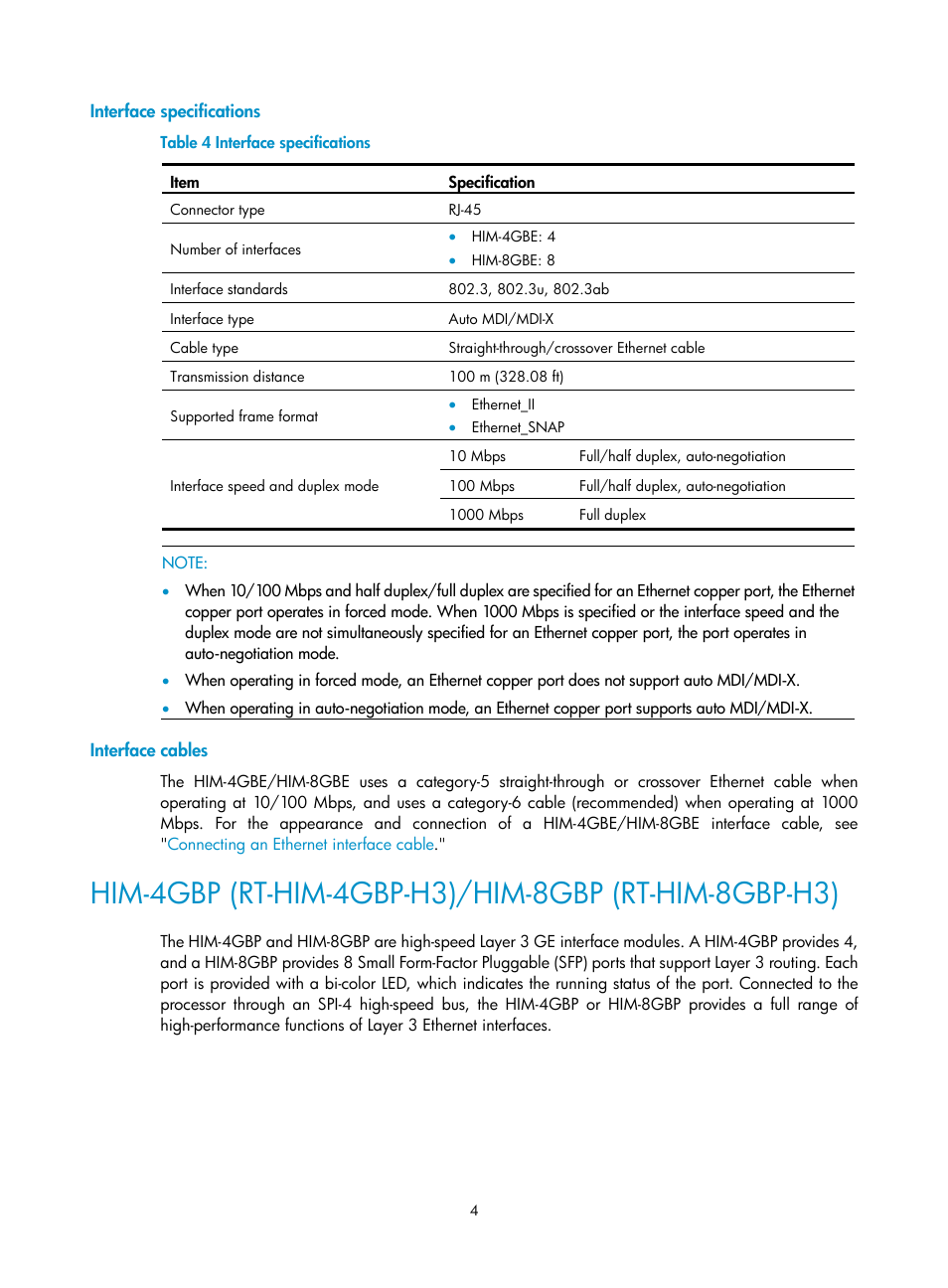 Interface specifications, Interface cables | H3C Technologies H3C SR6600-X User Manual | Page 12 / 85