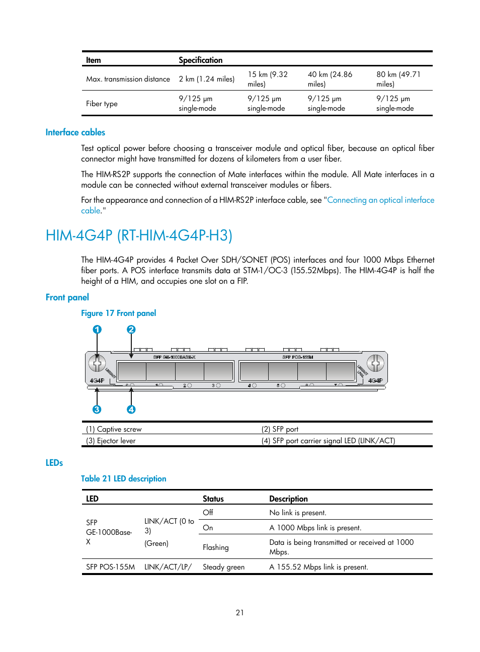 Interface cables, Him-4g4p (rt-him-4g4p-h3), Front panel | Leds | H3C Technologies H3C SR6600-X User Manual | Page 29 / 85