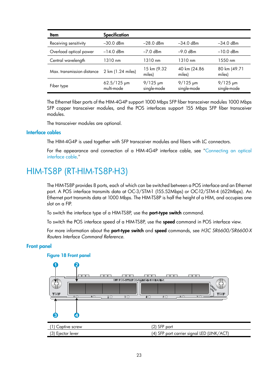 Interface cables, Him-ts8p (rt-him-ts8p-h3), Front panel | H3C Technologies H3C SR6600-X User Manual | Page 31 / 85
