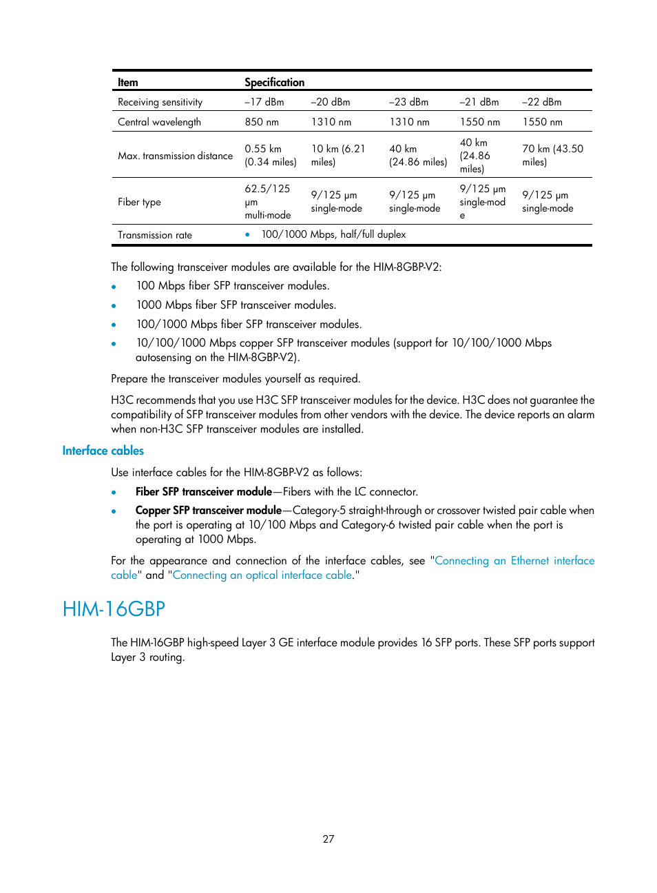 Interface cables, Him-16gbp | H3C Technologies H3C SR6600-X User Manual | Page 35 / 85