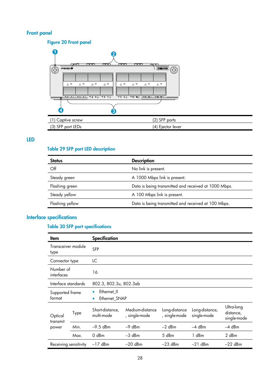 Front panel, Interface specifications | H3C Technologies H3C SR6600-X User Manual | Page 36 / 85