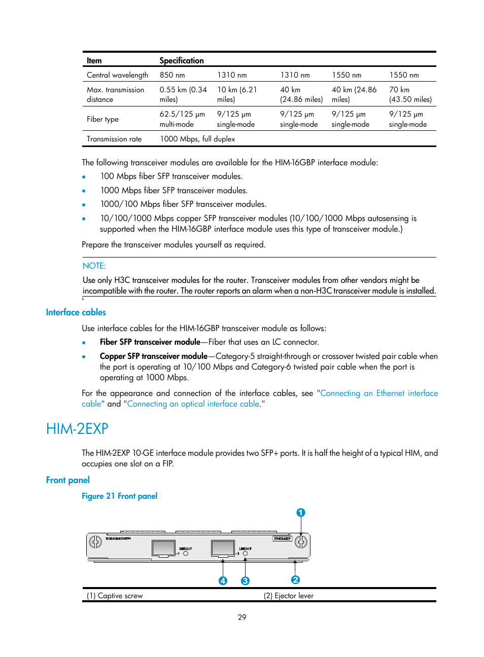 Interface cables, Him-2exp, Front panel | H3C Technologies H3C SR6600-X User Manual | Page 37 / 85