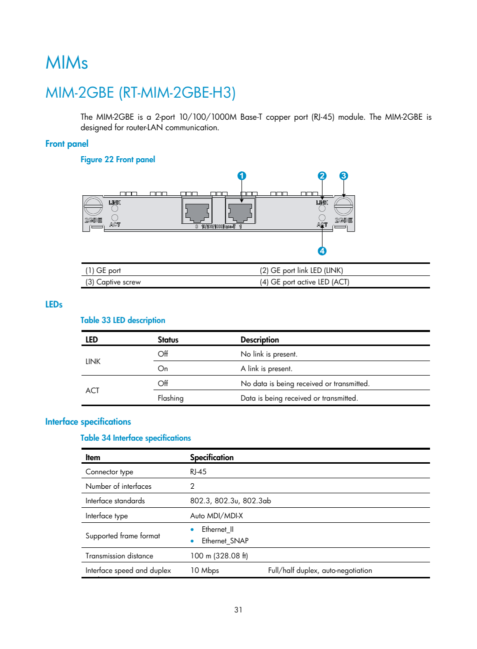 Mims, Mim-2gbe (rt-mim-2gbe-h3), Front panel | Leds, Interface specifications | H3C Technologies H3C SR6600-X User Manual | Page 39 / 85