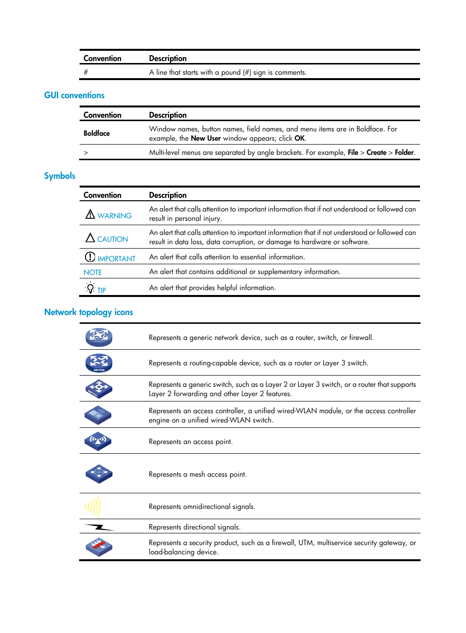 Gui conventions, Symbols, Network topology icons | H3C Technologies H3C SR6600-X User Manual | Page 4 / 85