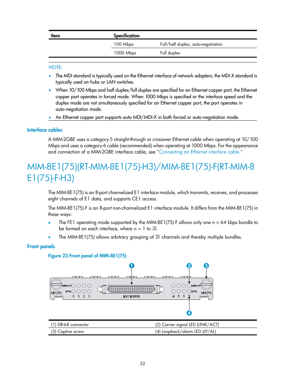 Interface cables, Front panels | H3C Technologies H3C SR6600-X User Manual | Page 40 / 85