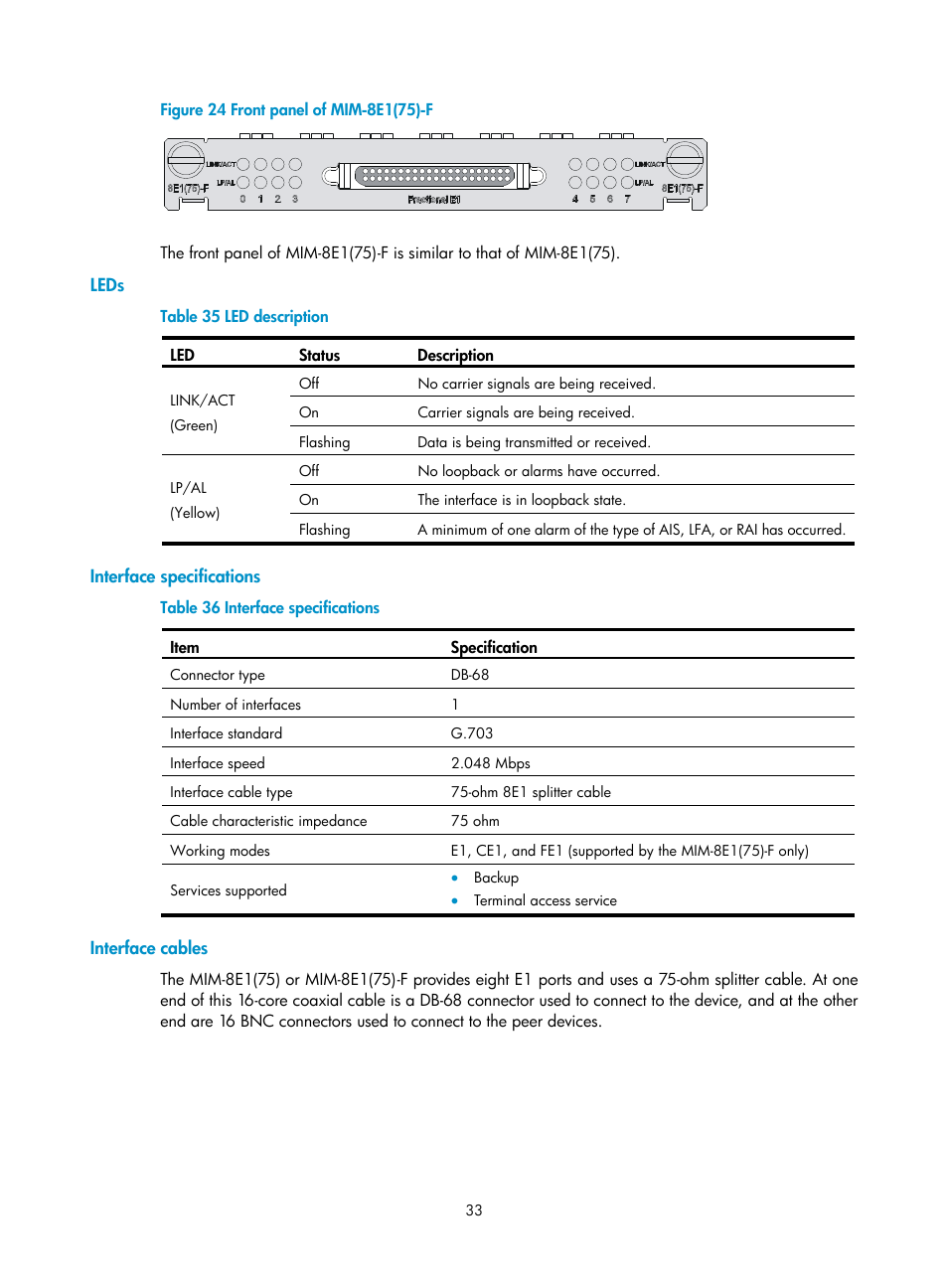 Leds, Interface specifications, Interface cables | H3C Technologies H3C SR6600-X User Manual | Page 41 / 85