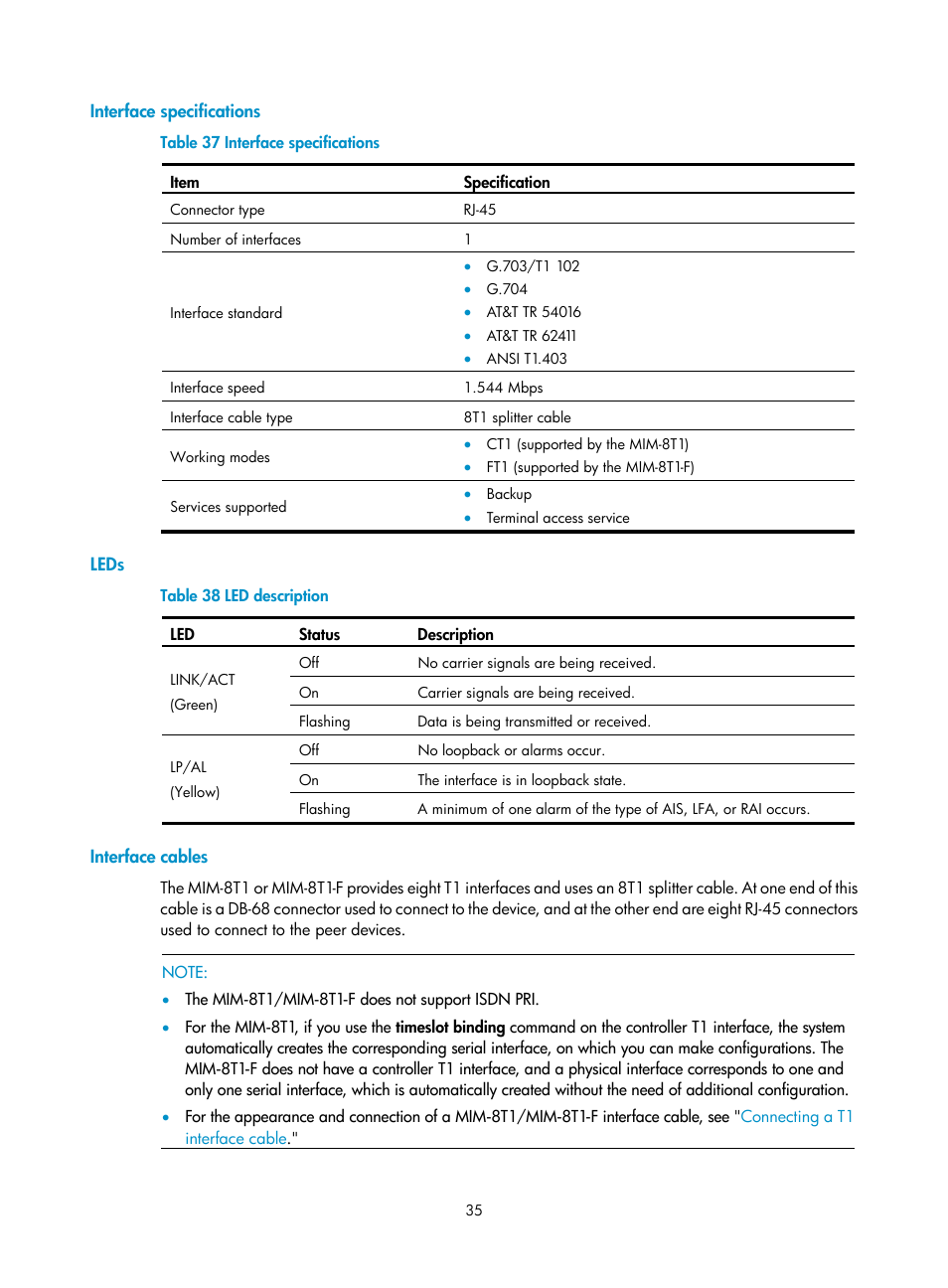 Interface specifications, Leds, Interface cables | H3C Technologies H3C SR6600-X User Manual | Page 43 / 85