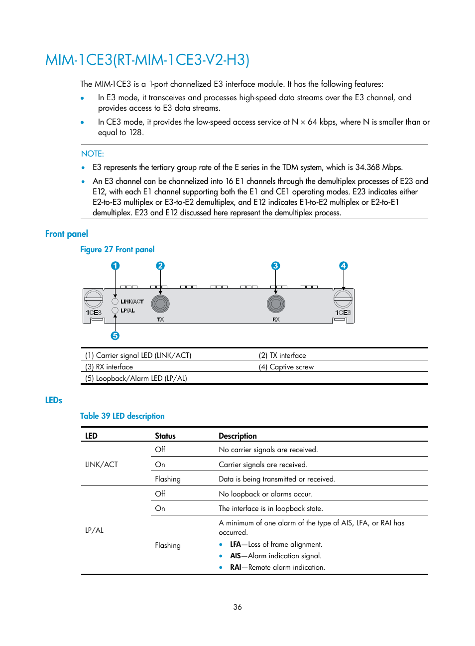 Mim-1ce3(rt-mim-1ce3-v2-h3), Front panel, Leds | H3C Technologies H3C SR6600-X User Manual | Page 44 / 85