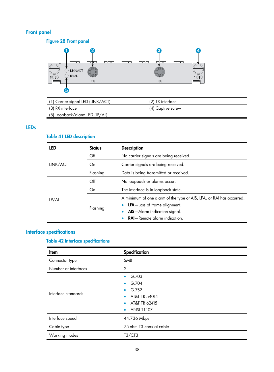Front panel, Leds, Interface specifications | H3C Technologies H3C SR6600-X User Manual | Page 46 / 85