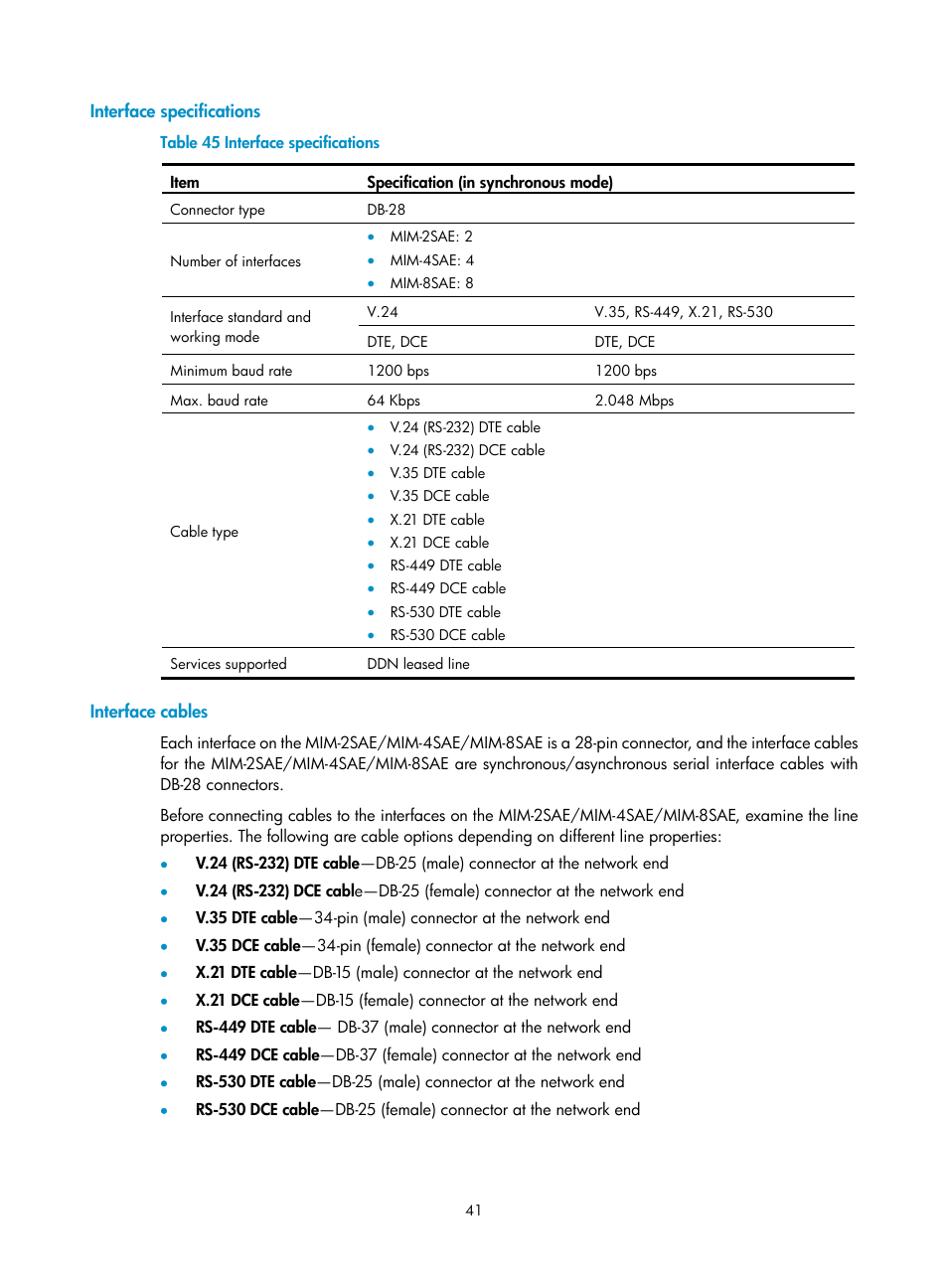 Interface specifications, Interface cables | H3C Technologies H3C SR6600-X User Manual | Page 49 / 85