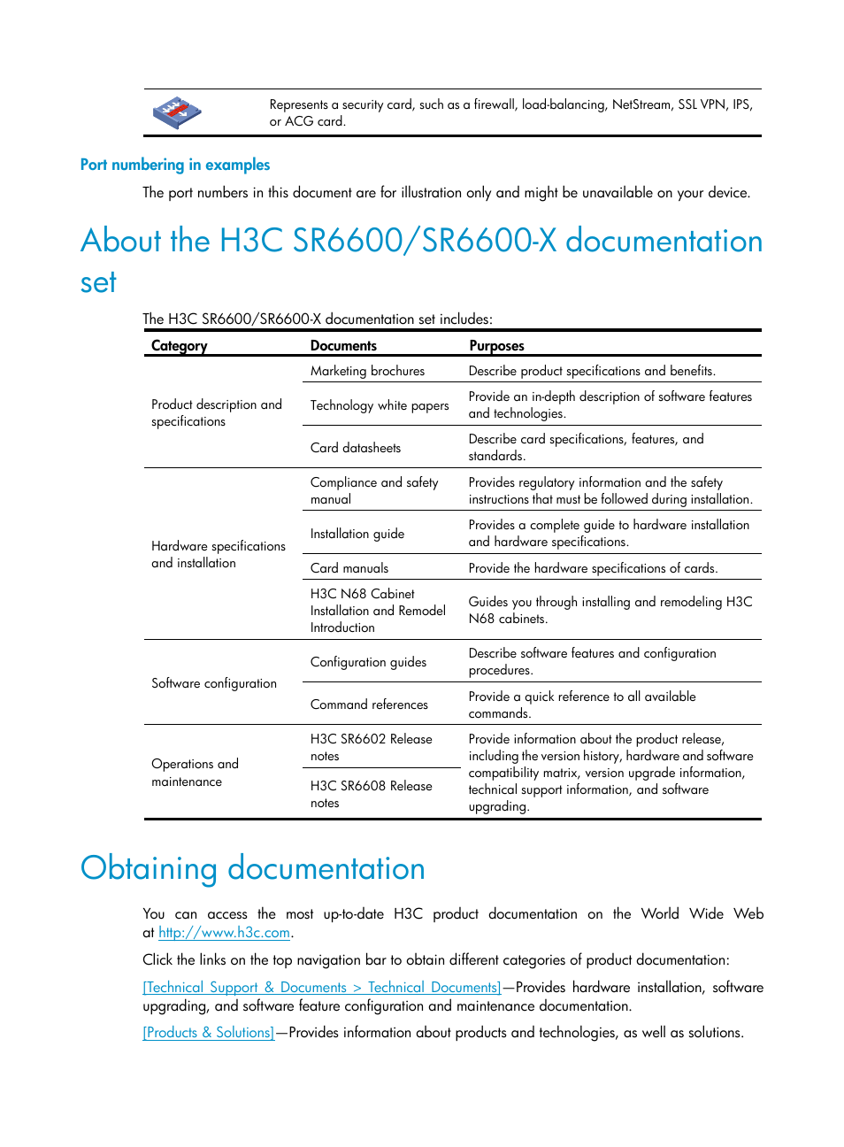 Port numbering in examples, About the h3c sr6600/sr6600-x documentation set, Obtaining documentation | H3C Technologies H3C SR6600-X User Manual | Page 5 / 85