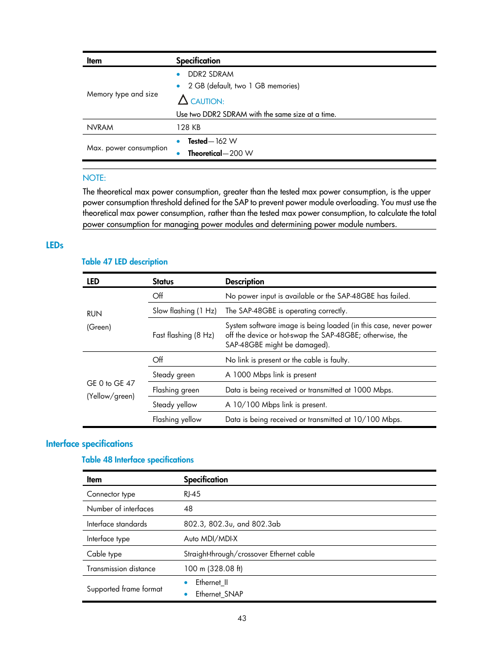 Leds, Interface specifications | H3C Technologies H3C SR6600-X User Manual | Page 51 / 85