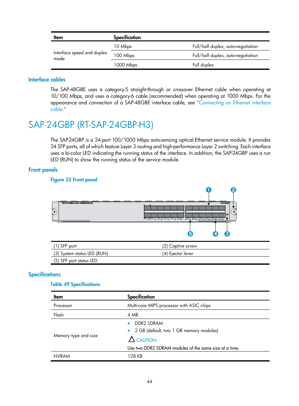 Interface cables, Sap-24gbp (rt-sap-24gbp-h3), Front panels | Specifications | H3C Technologies H3C SR6600-X User Manual | Page 52 / 85