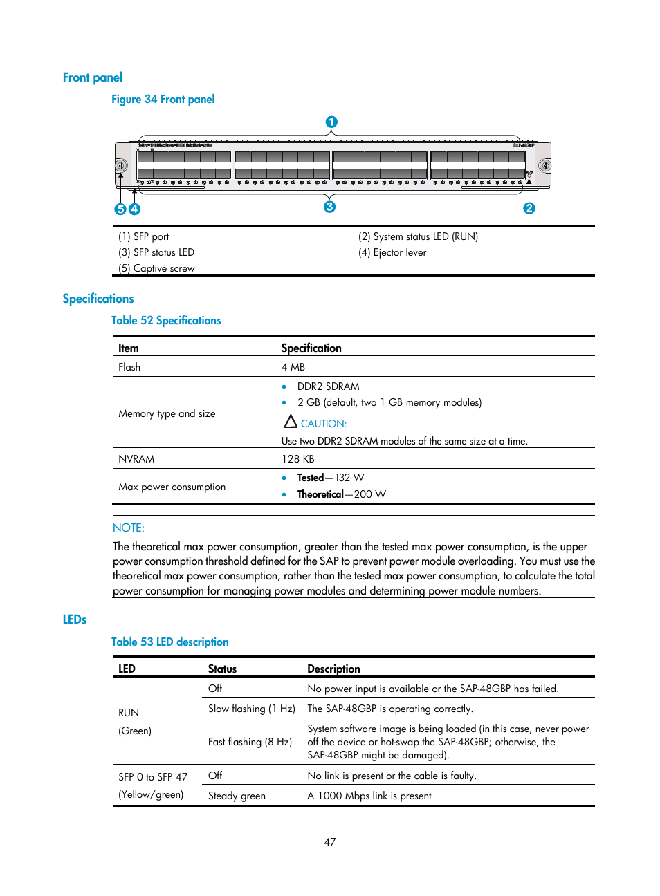 Front panel, Specifications, Leds | H3C Technologies H3C SR6600-X User Manual | Page 55 / 85