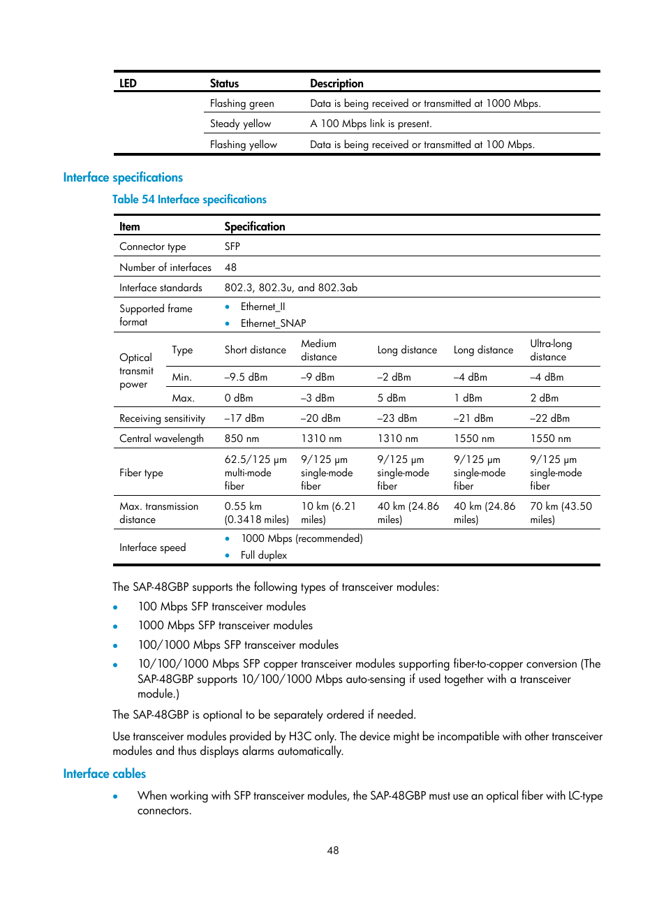 Interface specifications, Interface cables | H3C Technologies H3C SR6600-X User Manual | Page 56 / 85