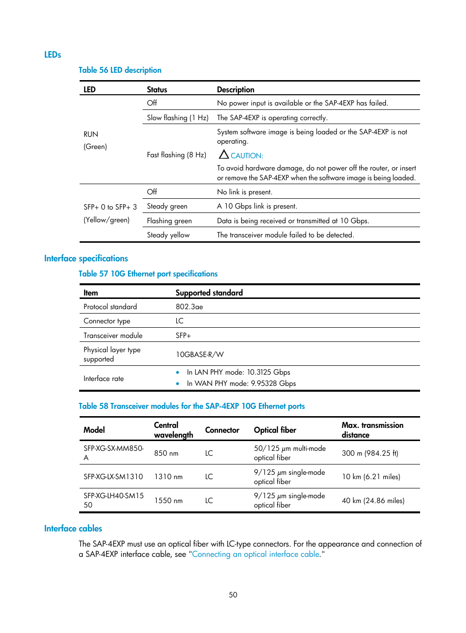 Leds, Interface specifications, Interface cables | H3C Technologies H3C SR6600-X User Manual | Page 58 / 85