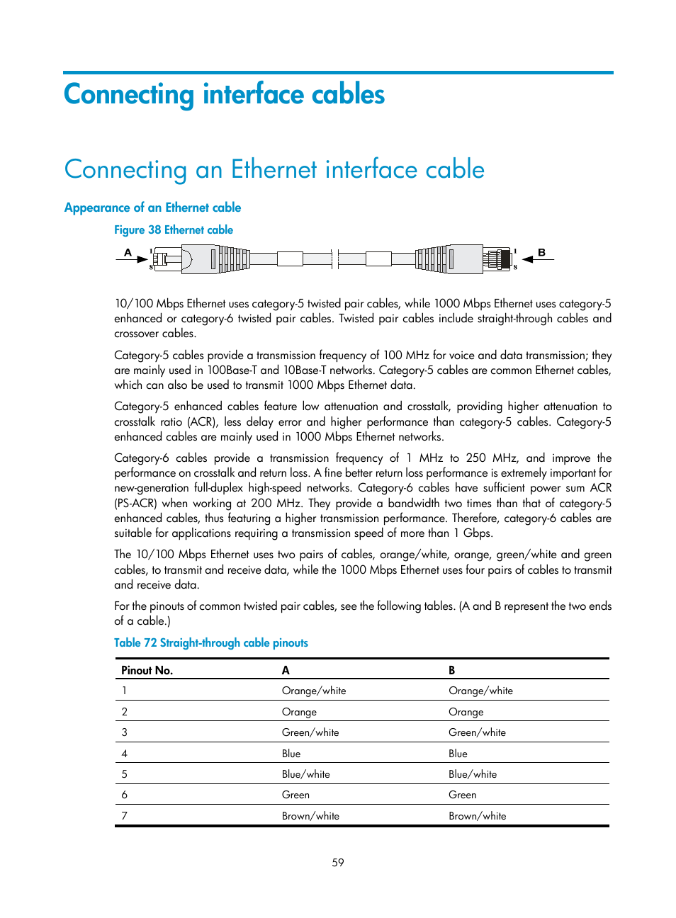 Connecting interface cables, Connecting an ethernet interface cable, Appearance of an ethernet cable | Connecting an, Ethernet interface cable, Connecting an ethernet interface, Cable, Connecting an ethernet, Interface cable | H3C Technologies H3C SR6600-X User Manual | Page 67 / 85