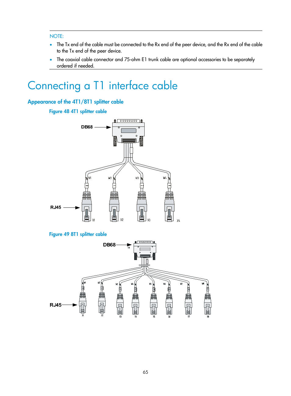 Connecting a t1 interface cable, Appearance of the 4t1/8t1 splitter cable | H3C Technologies H3C SR6600-X User Manual | Page 73 / 85