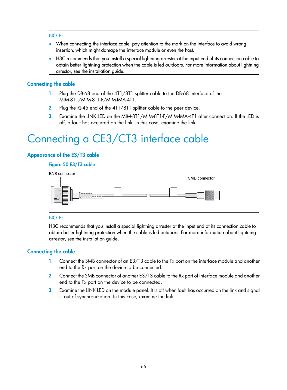 Connecting the cable, Connecting a ce3/ct3 interface cable, Appearance of the e3/t3 cable | H3C Technologies H3C SR6600-X User Manual | Page 74 / 85