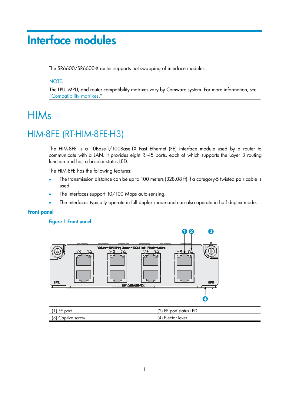 Interface modules, Hims, Him-8fe (rt-him-8fe-h3) | Front panel | H3C Technologies H3C SR6600-X User Manual | Page 9 / 85