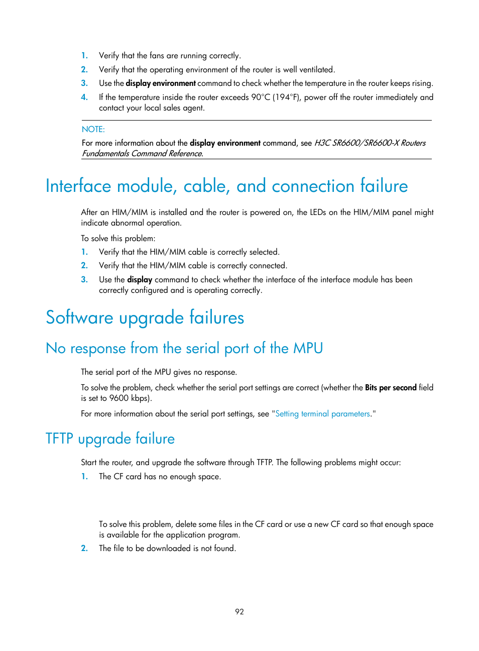 Interface module, cable, and connection failure, Software upgrade failures, No response from the serial port of the mpu | Tftp upgrade failure | H3C Technologies H3C SR6600 User Manual | Page 102 / 161