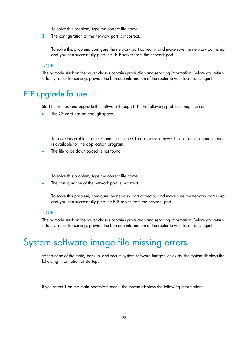 Ftp upgrade failure, System software image file missing errors | H3C Technologies H3C SR6600 User Manual | Page 103 / 161