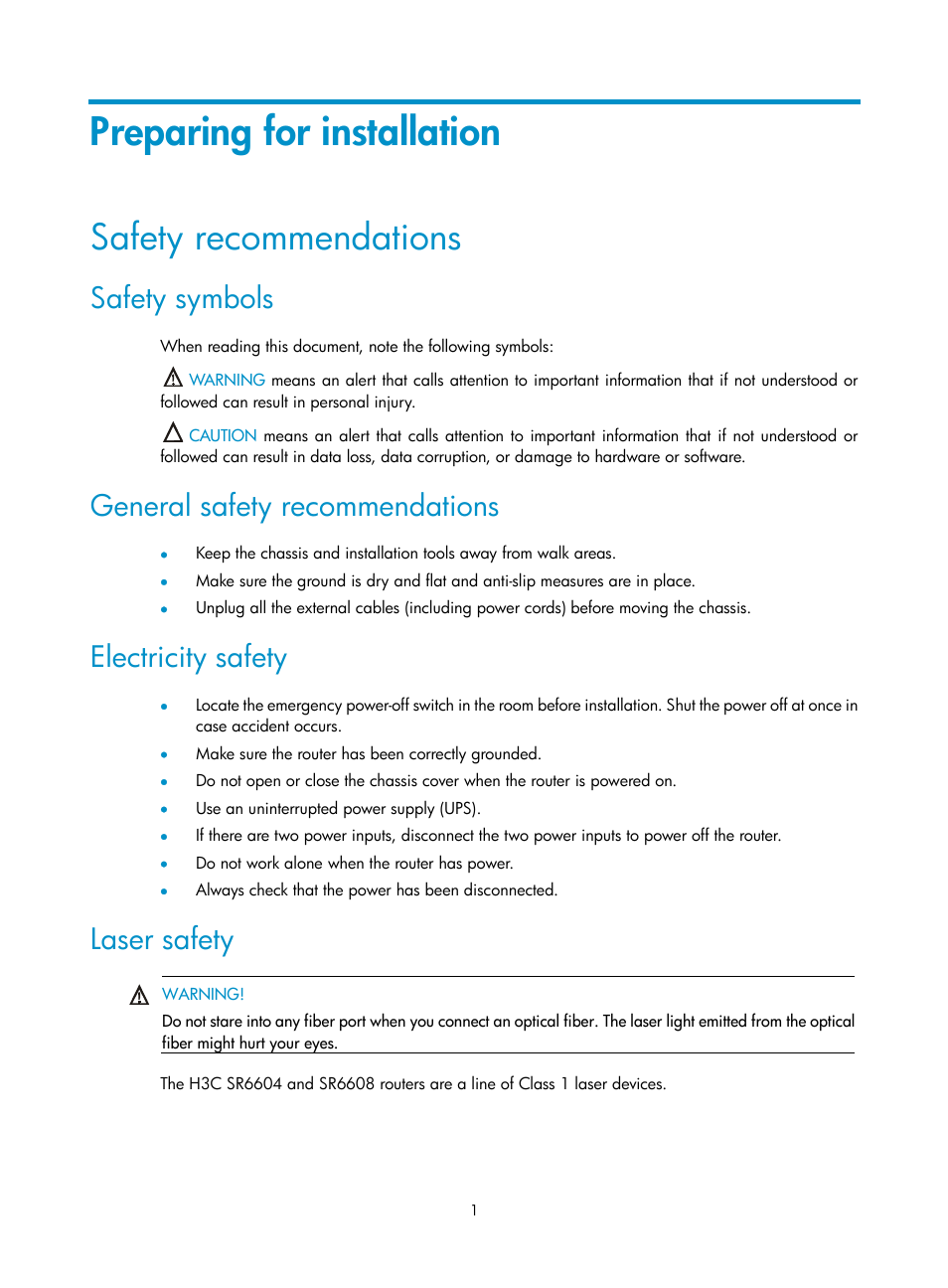 Preparing for installation, Safety recommendations, Safety symbols | General safety recommendations, Electricity safety, Laser safety | H3C Technologies H3C SR6600 User Manual | Page 11 / 161